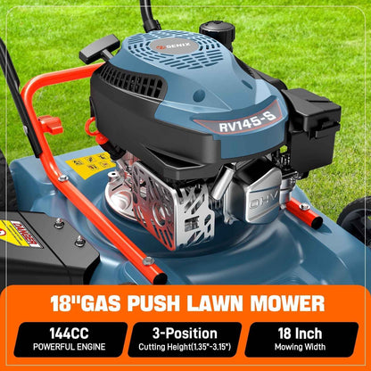 SENIX Gas Lawn mower, 18in Cutting Blade / 19in Cutting Deck, 144cc 4-Cycle Engine Push Mower with Side Discharge