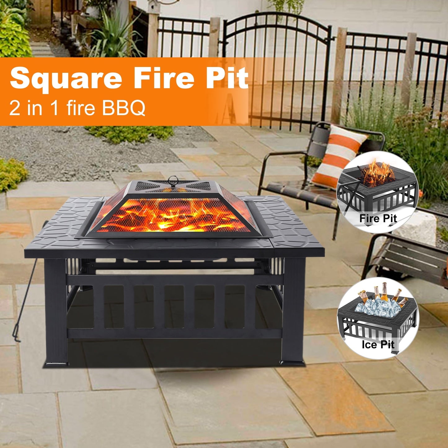 Multifunctional Fire Pit Table, 32'' Fireplace Heater/Ice Pit, Square Metal Fire Pit Stove with Screen Lid and Log Poker for Backyard Garden Camping Picnic Bonfire - Home OXO