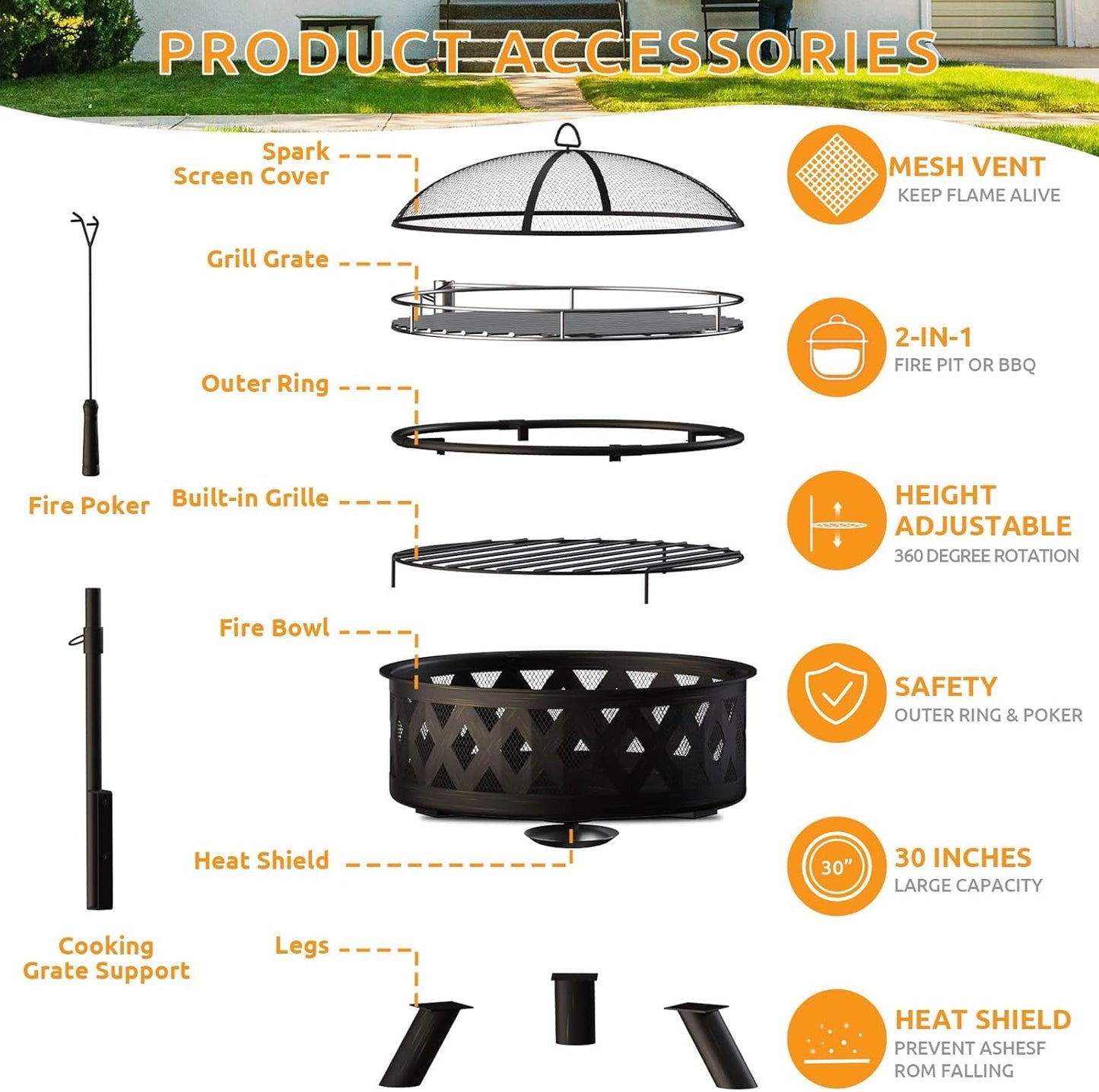 ELPOSUN Fire Pit for Outside 30 inch Outdoor Wood Burning Firepit Large Steel Firepit with protective cover for Backyard Bonfire Patio - Home OXO