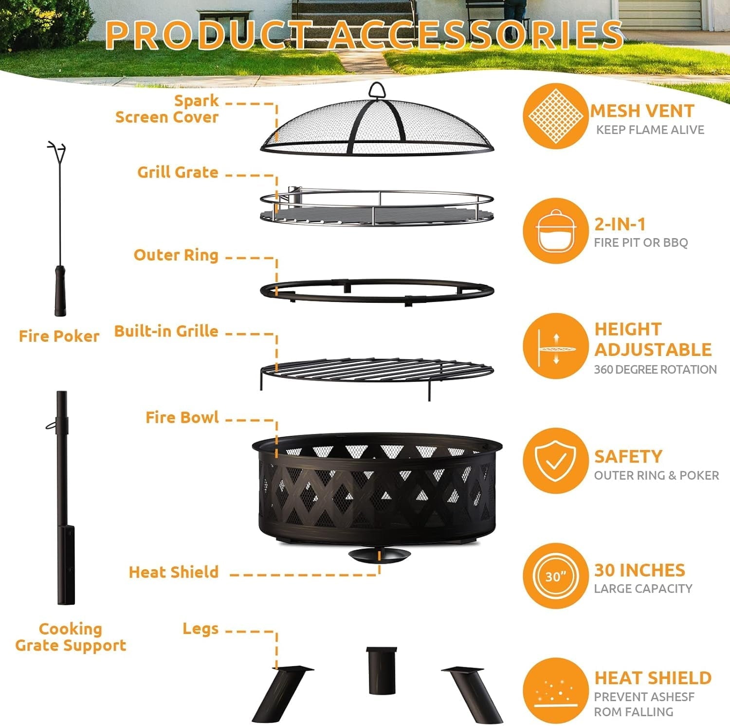 ELPOSUN Fire Pit for Outside 30 inch Outdoor Wood Burning Firepit Large Steel Firepit with protective cover for Backyard Bonfire Patio - Home OXO