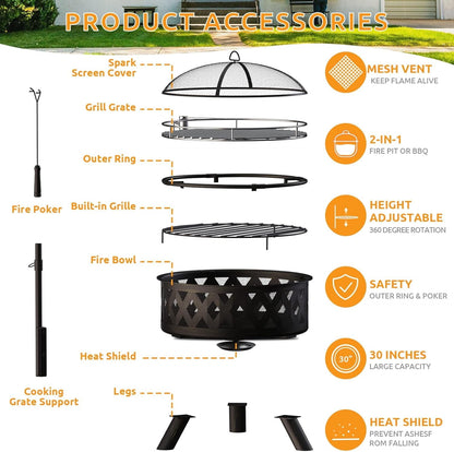 ELPOSUN Fire Pit for Outside 30 inch Outdoor Wood Burning Firepit Large Steel Firepit with protective cover for Backyard Bonfire Patio - Home OXO