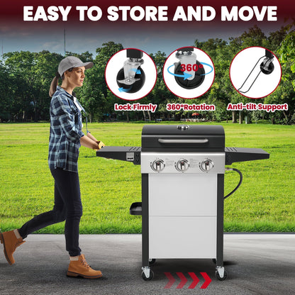 Enyopro 3 Burner Propane Gas Grill, 30,000BTU Stainless Steel Barbecue Grill with Foldable Side Table, Built-in Thermometer, Hanging Basket for Outdoor BBQ Camping Grill - Home OXO