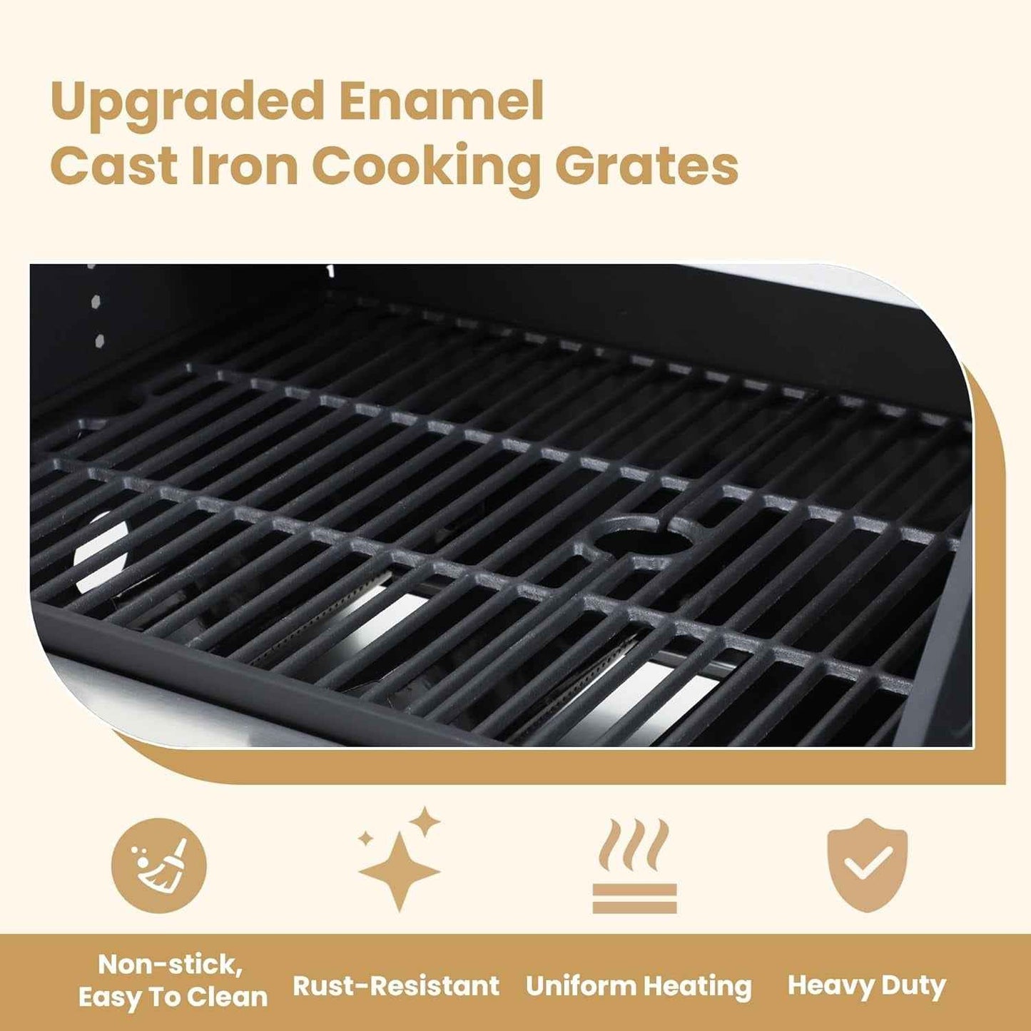 Furnibear 3-Burner Gas Grill Side Burner, Propane Stainless Steel BBQ Grill with Porcelain-Enameled Cast Iron Grates, 37150 BTU Barbecue Grill for Outdoor Cooking