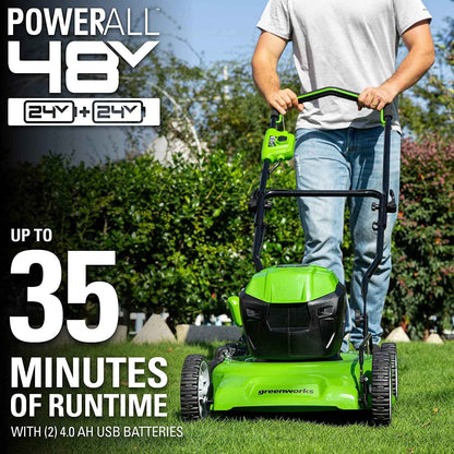 Greenworks 48V USB Batteries and Dual Port Rapid Charger Included Brushless Push Lawn Mower, 19”