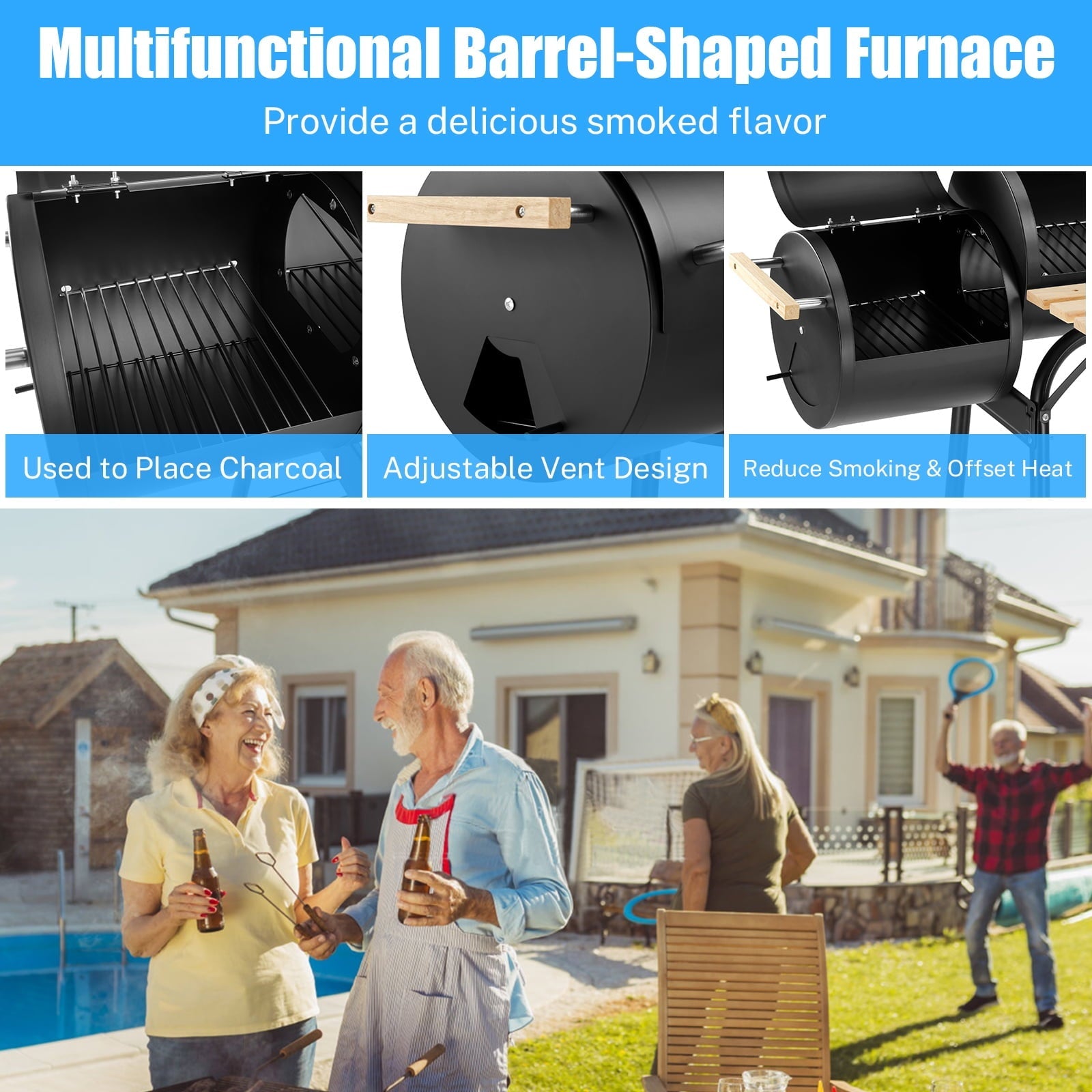 Segmart BBQ Charcoal Grill, 45.28-inch Length Portable Barbecue Grill, Offset Smoker Barbecue Oven with Wheels & Thermometer for Outdoor Picnic Camping Patio Backyard - Home OXO