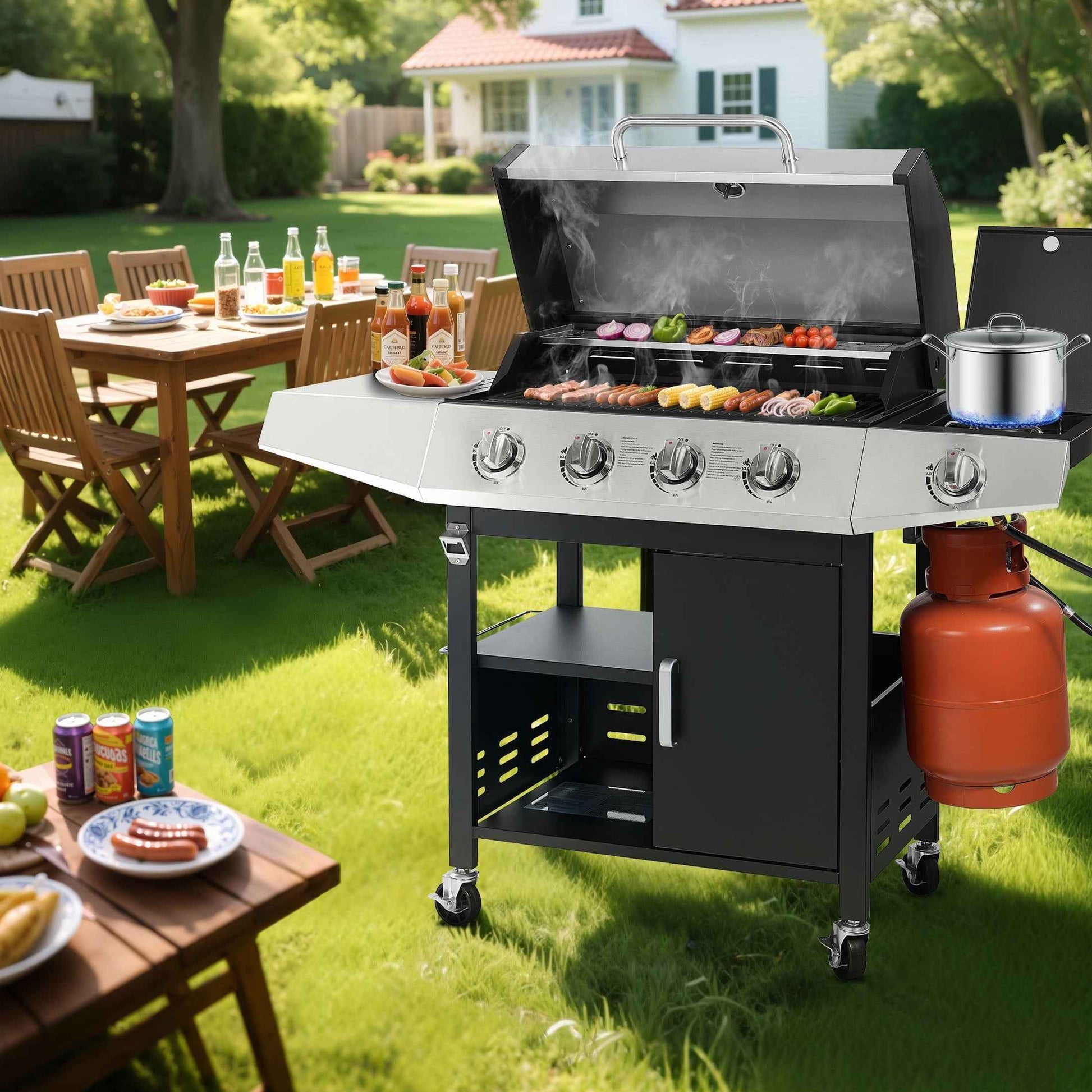 Segmart 4 Burner BBQ Propane Gas Grill with Side Burner, Stainless Steel 50,000 BTU Patio Barbecue Grill with Shelf, Gas Tank Hook, Towel Rack & Bottle Opener, Fits for Camping, Outdoor Cooking