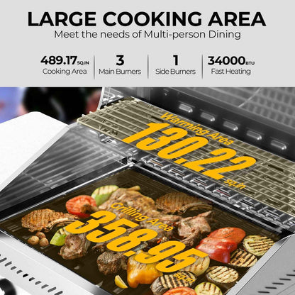 LHRIVER Stainless Steel BBQ Grill, 3 Burner Propane Gas Grill with Side Burner  for Outdoor Cooking Patio Backyard