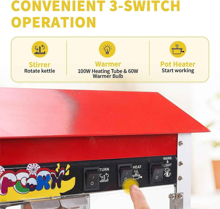 Akaber Commercial Popcorn Machine, 10 Oz Kettle, 1300W Countertop Popcorn Maker for 60 Cups per Batch, Movie Theater Popcorn Popper with 3-Switch Control, 2 Scoops 1 Cup