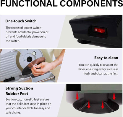 Valley Sportsman 7.5" Electric Meat Slicer w/Stainless Blade 180W Adjustable Thickness Cuts Meat/Bread/Cheese
