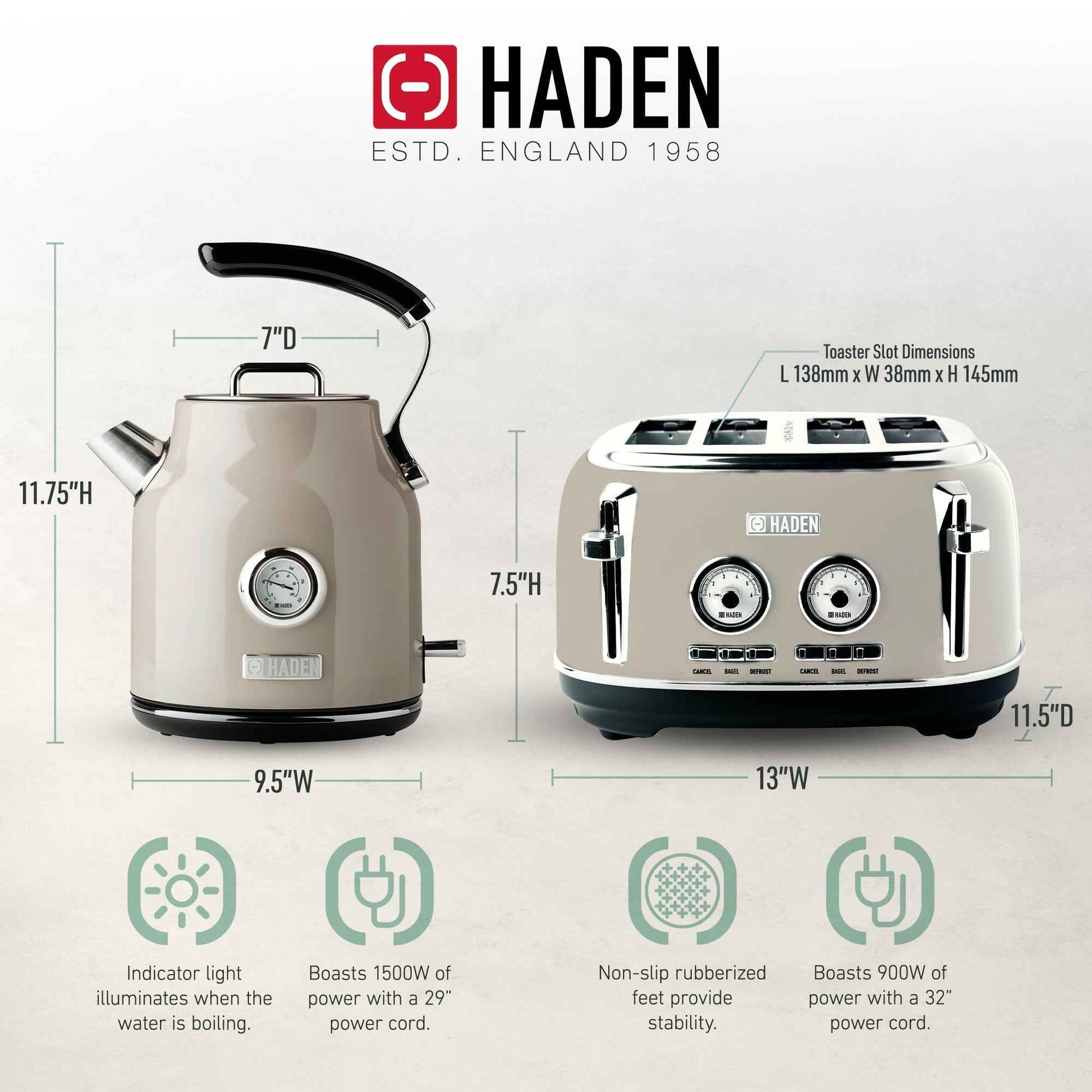Haden Dorset 4 Slice Wide Toaster & Electric Water Kettle, Putty & Chrome