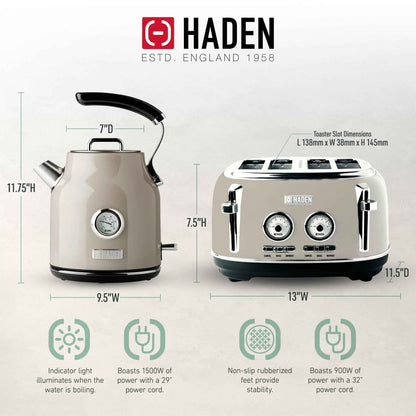 Haden Dorset 4 Slice Wide Toaster & Electric Water Kettle, Putty & Chrome