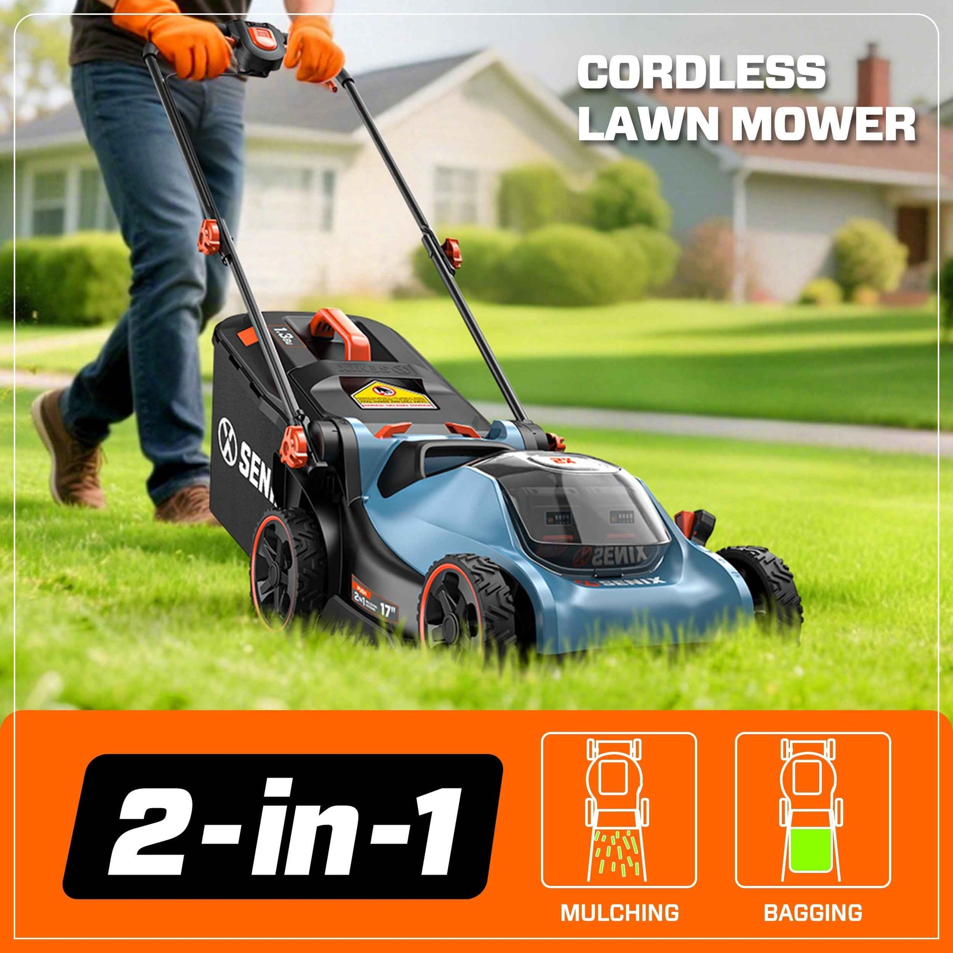 Senix 40V Cordless Lawn Mower, 17-Inch, 2-in-1 Mulching & Bagging, Brushless Motor, Battery & Charger Included