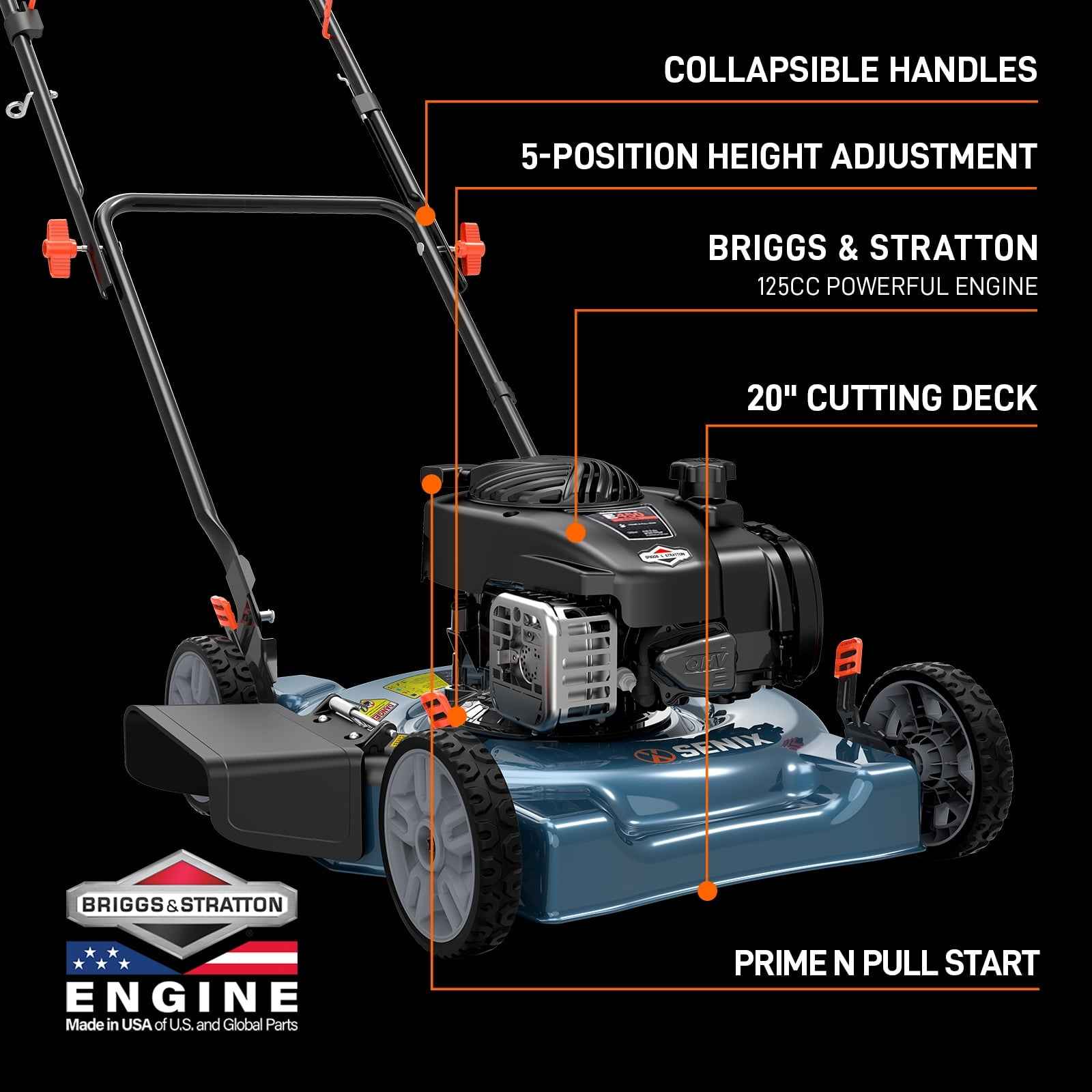 SENIX Gas Lawn Mower 20in Cutting Blade 21in Cutting Deck, 125 cc 4-Cycle Made in USA Briggs & Stratton Engine Push Mower, Side Discharge, 5-Position Height Adjustment, LSPG-L3