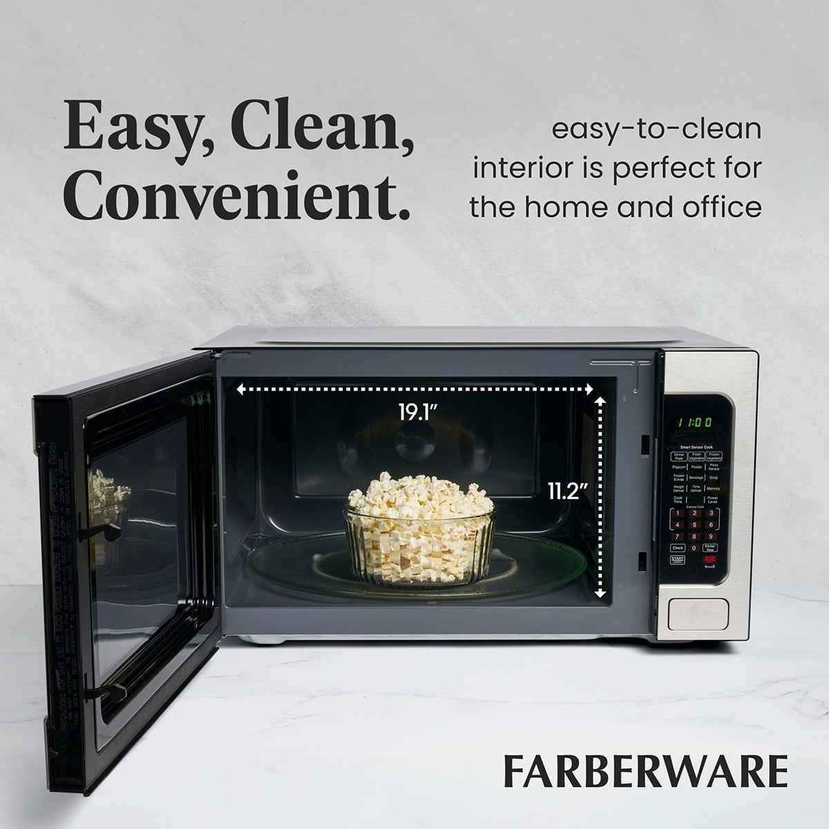 Farberware Countertop Microwave Ov 1100 Watts, 2.2 cu ft - Smart Sensor With LED Lighting and Child Lock - Perfect for Apartments and Dorms - Easy Clean Black Interior, Stainless Steel
