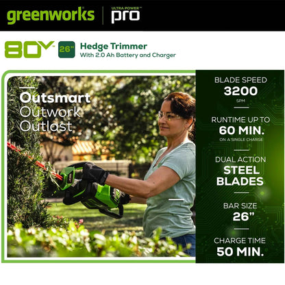 Greenworks 80V 26" Brushless Hedge Trimmer with (1) 2Ah Battery & 4Ah Charger 2203902