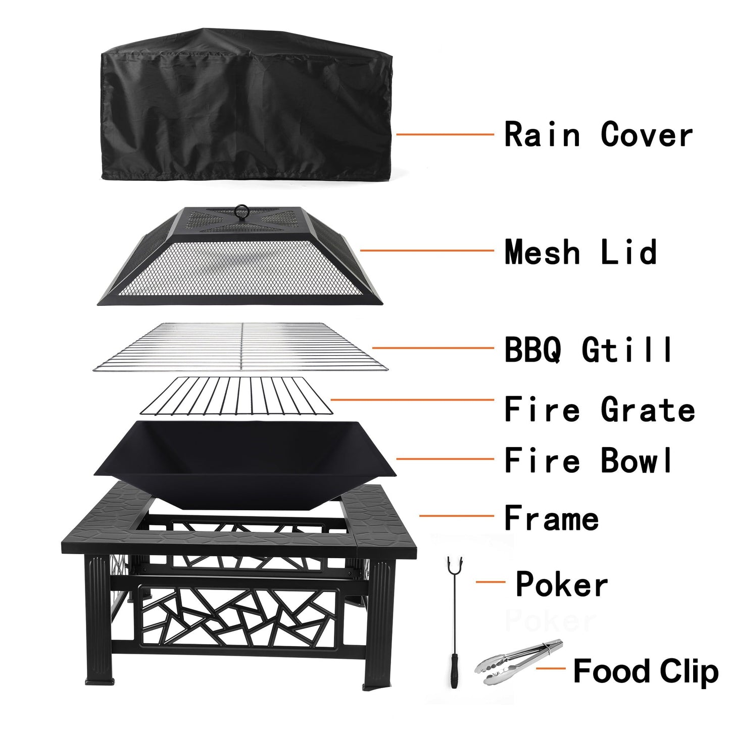 UHOMEPRO Fire Pit for Outside, 32" Square Fire Pit Table with BBQ Net, Mesh Lid, Poker and Cover, Wood Burning Outdoor Heating Fire Pit Stove for Patio, Backyard, Camping, Black - Home OXO