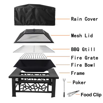 UHOMEPRO Fire Pit for Outside, 32" Square Fire Pit Table with BBQ Net, Mesh Lid, Poker and Cover, Wood Burning Outdoor Heating Fire Pit Stove for Patio, Backyard, Camping, Black - Home OXO
