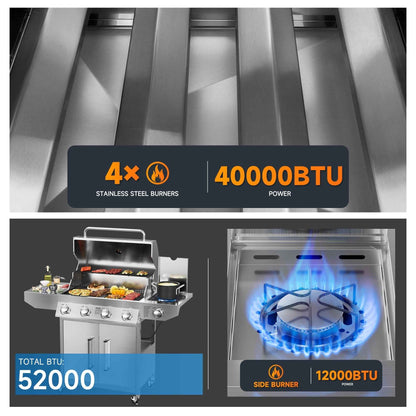 SKOK 4 Burner Propane Gas BBQ Grill with Side Burner, 58000 BTU Output for Outdoor Cooking Kitchen and Patio Backyard Barbecue