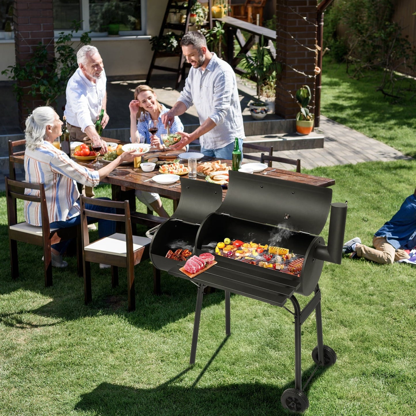 BBQ Charcoal Grill Outdoor Barbecue Pit with Offset Smoker Patio Backyard,Iron,Black - Home OXO