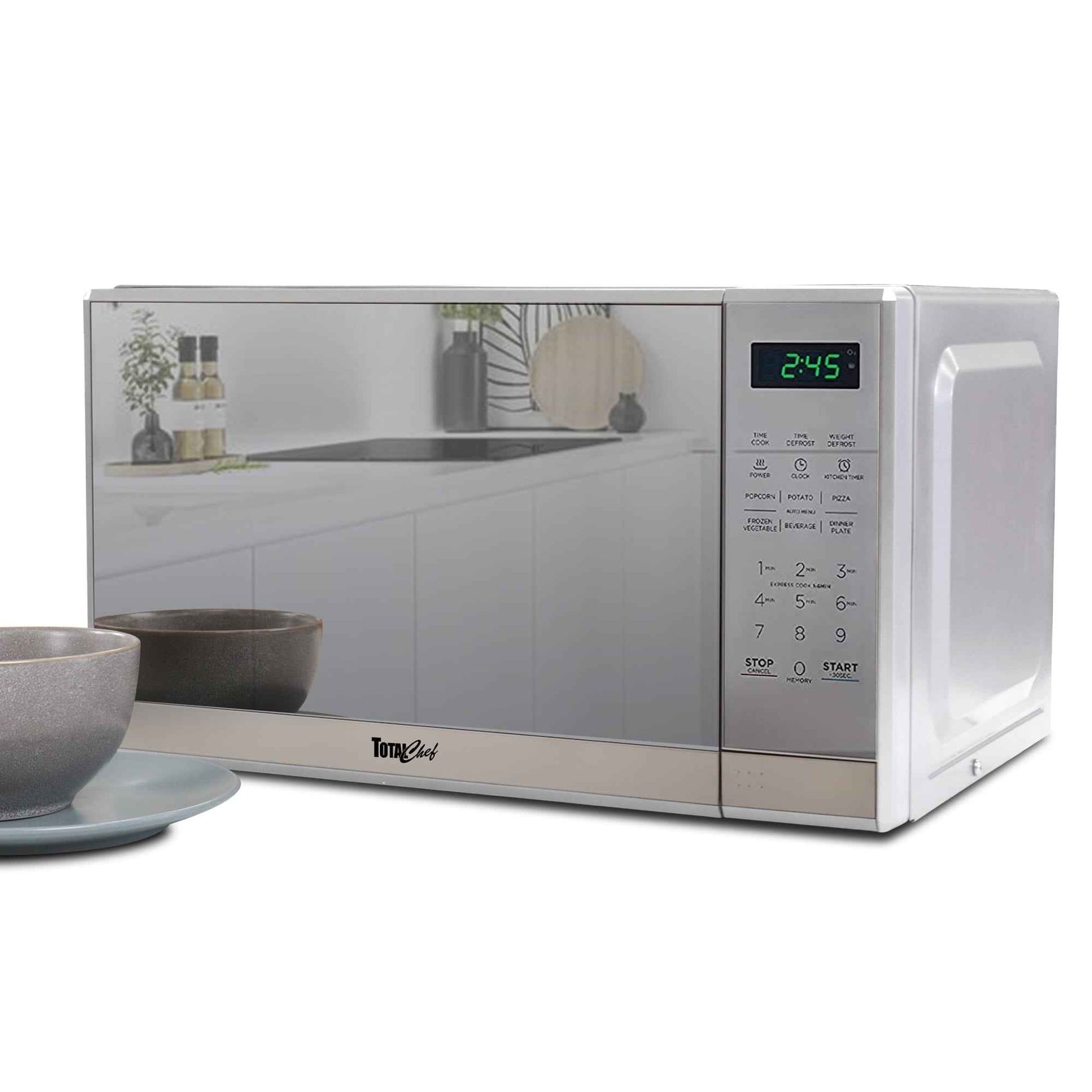 Total Chef Compact Countertop Microwave Oven, 700W, 0.7 Cubic Feet Capacity, Digital Touchscreen Controls, 6 Pre-Set Cooking Modes, Silver Stainless Steel
