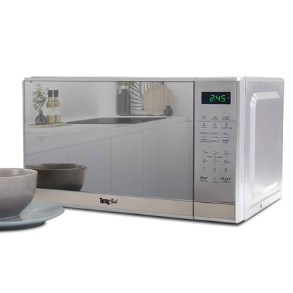 Total Chef Compact Countertop Microwave Oven, 700W, 0.7 Cubic Feet Capacity, Digital Touchscreen Controls, 6 Pre-Set Cooking Modes, Silver Stainless Steel