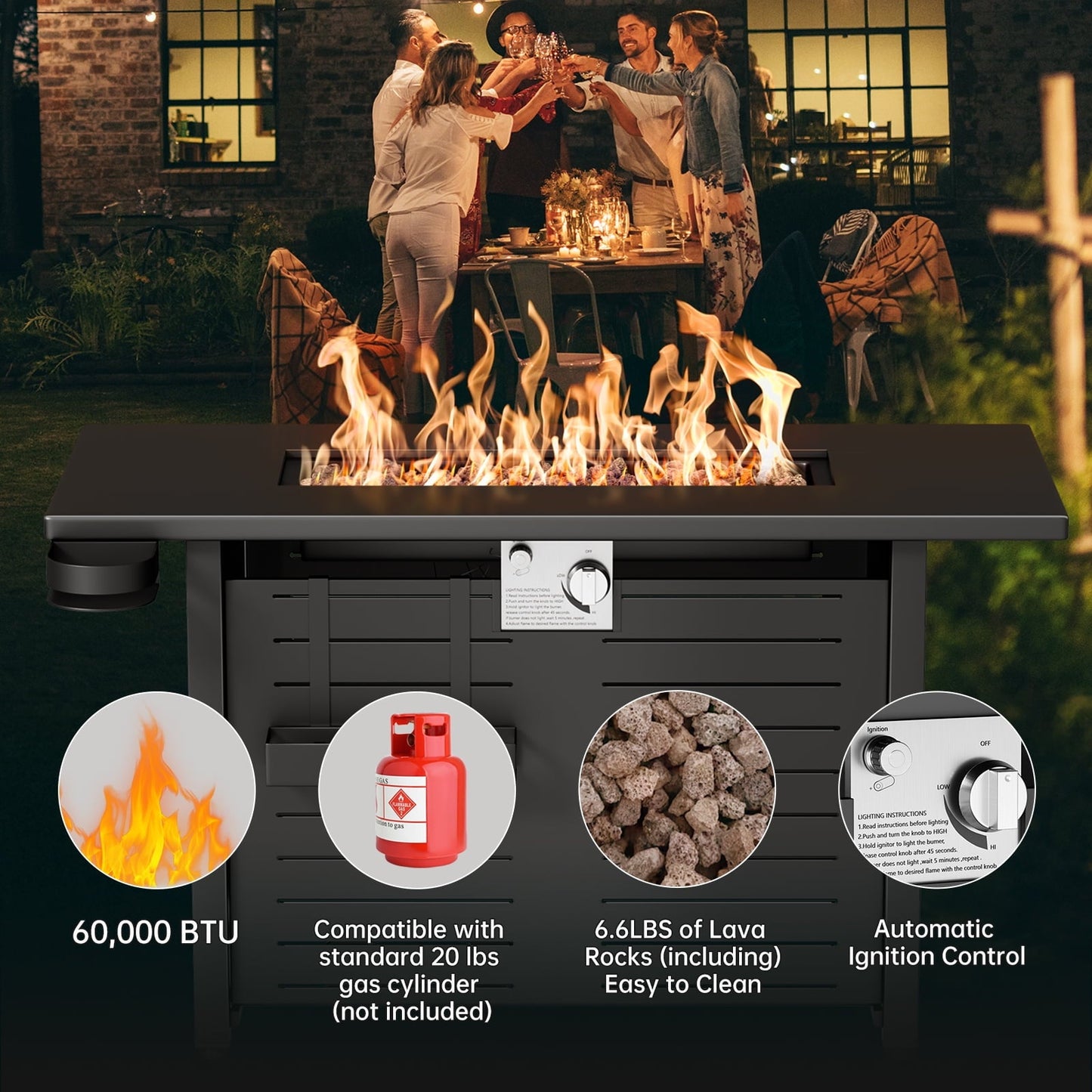 KingChii 45 inch Propane Fire Pit with Lid, Lava Stone, 60,000 BTU Steel Gas Fire Pit Table for Outdoor, Garden, Patio and Backyard, Black - Home OXO