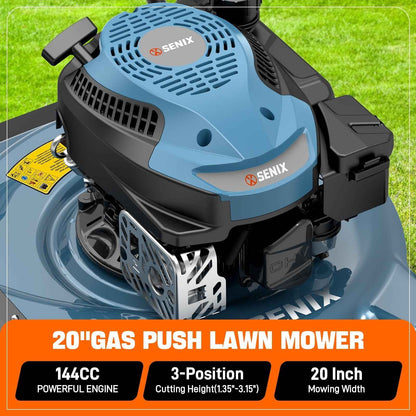 SENIX Gas Lawn mower, 20in Cutting Blade 21in Cutting Deck, 144cc 4-Cycle Engine, Steel Deck with Side Discharge, LSPG-L4