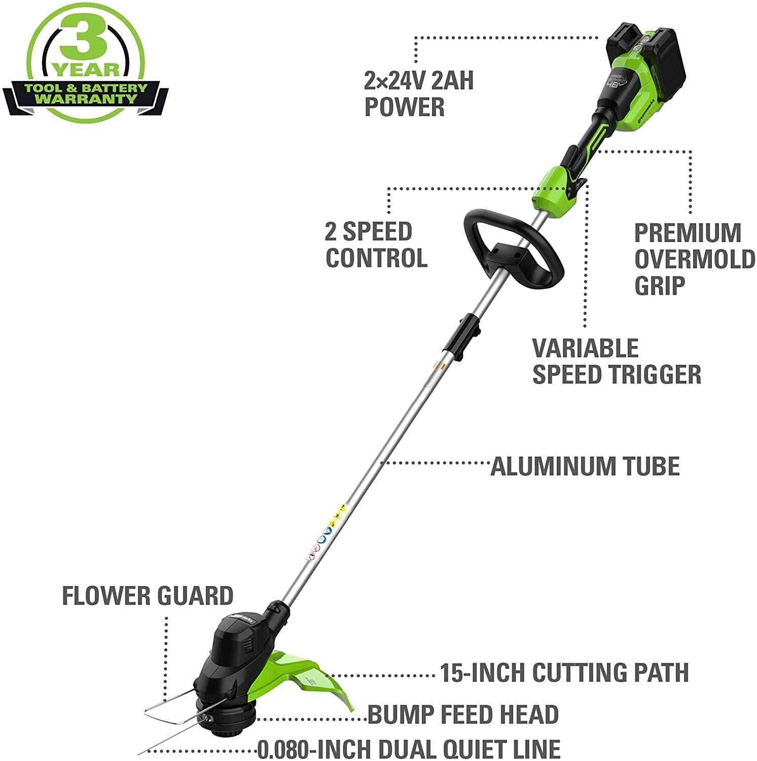 Greenworks 48V (2x24V) 15" Cordless String Trimmer + (2) 2Ah USB Batteries & Dual Port Rapid Charger