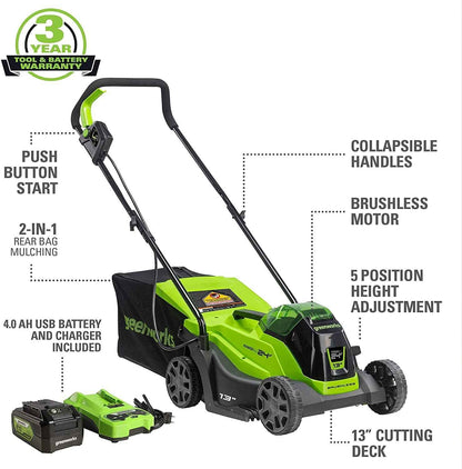 Greenworks 24V 13” Battery Powered Push Walk-Behind Mower, 4Ah USB Battery and Charger Included