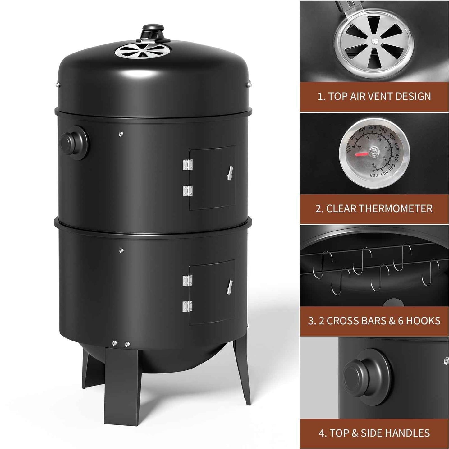 KingChii 3 in 1 Vertical Charcoal Smoker Grill BBQ Smoker for Outdoor, Patio Backyard Camping, Black