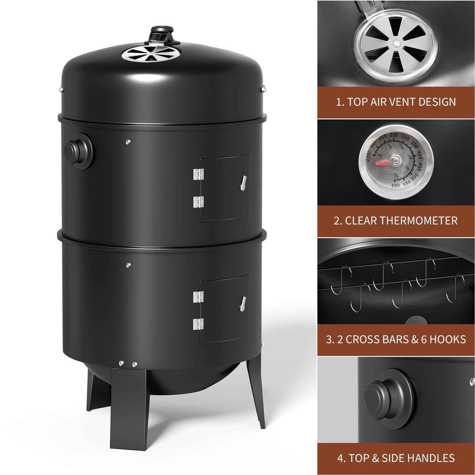 KingChii 3 in 1 Vertical Charcoal Smoker Grill BBQ Smoker for Outdoor, Patio Backyard Camping, Black