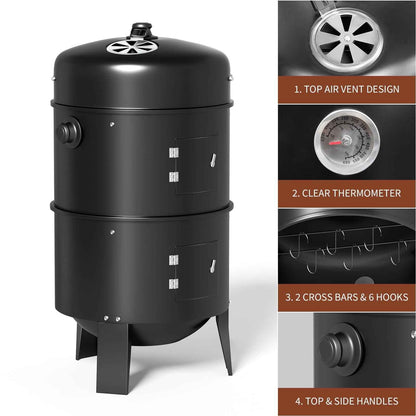KingChii 3 in 1 Vertical Charcoal Smoker Grill BBQ Smoker for Outdoor, Patio Backyard Camping, Black