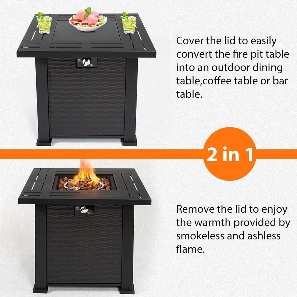 2-in-1 Propane Fire Pit Table, Outdoor Table with Fire Pit, 28 Inch 40,000 BTU Auto-Ignition Gas Fire Pit Table with Lid and Lava Rock, Square Fire Table for Yard Patio Garden - Home OXO