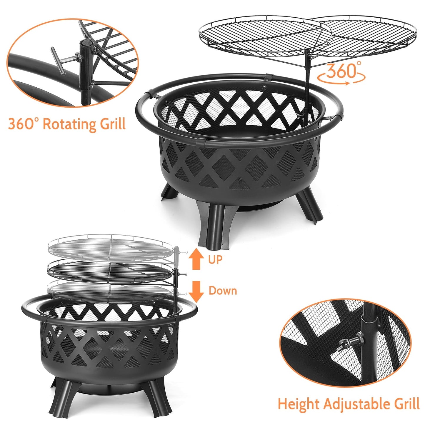 Singlyfire 30 inch Fire Pit for Outside 2 in 1 BBQ Wood Burning Fire Pit for Outdoor Camping Large Fire Pit Wood Bowl Firepit with Grate Spark Screen Log Grate - Home OXO