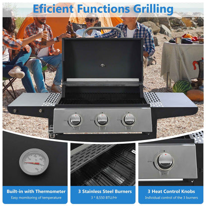 Segmart 3 Burner BBQ Propane Gas Grill, Stainless Steel 25,650 BTU Patio Garden Barbecue Grill with Side Tables, Bottle Opener & Thermometer, Perfect for Camping, Outdoor Cooking