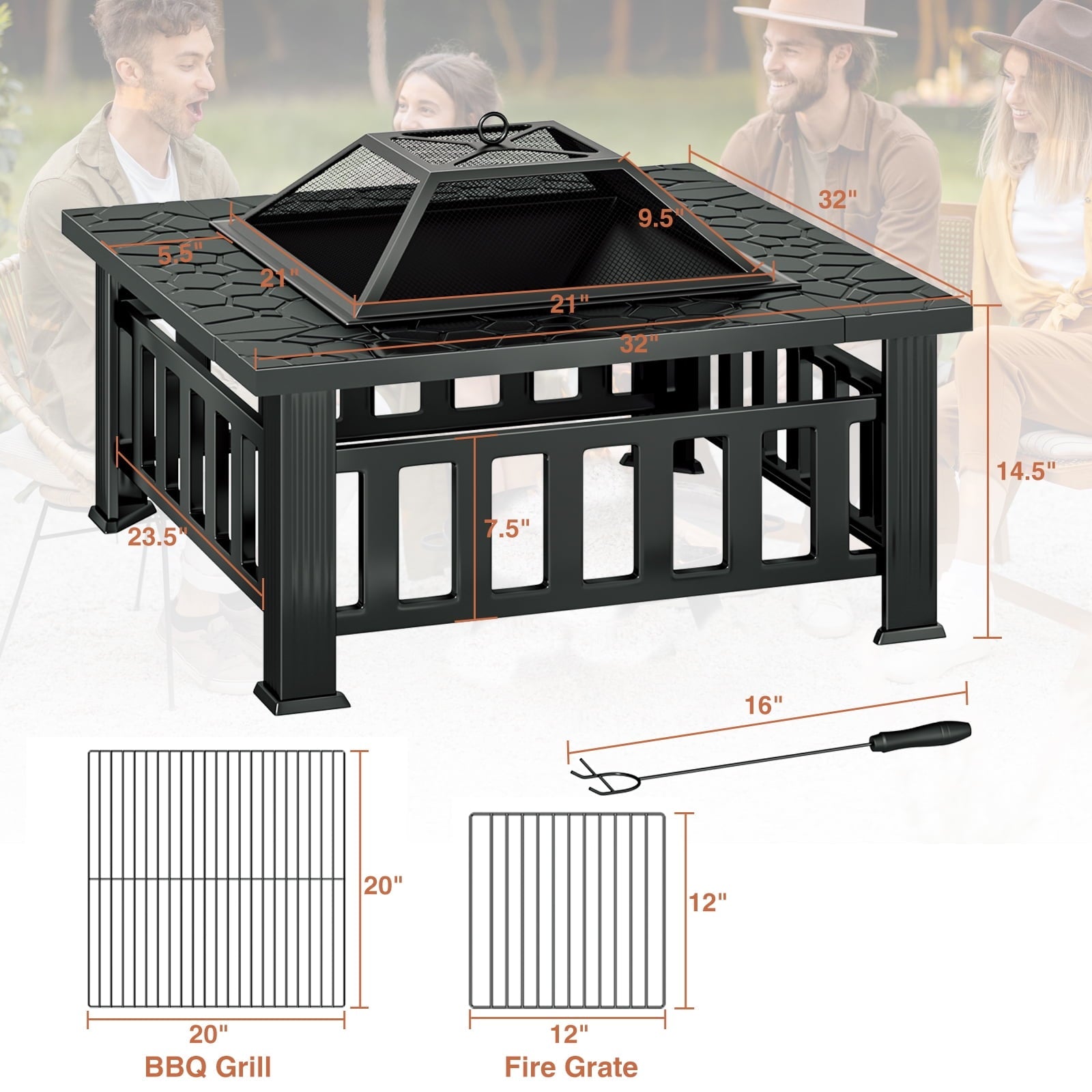 KingChii 32" Fire Pit Table Wood Burning Square Metal Firepit for Outdoor, Patio Backyard BBQ with Mesh Lid, Poker and Cover, Black - Home OXO