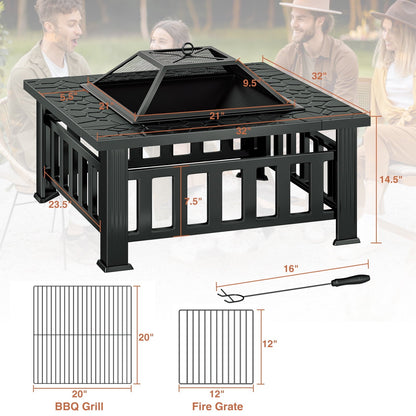 KingChii 32" Fire Pit Table Wood Burning Square Metal Firepit for Outdoor, Patio Backyard BBQ with Mesh Lid, Poker and Cover, Black - Home OXO