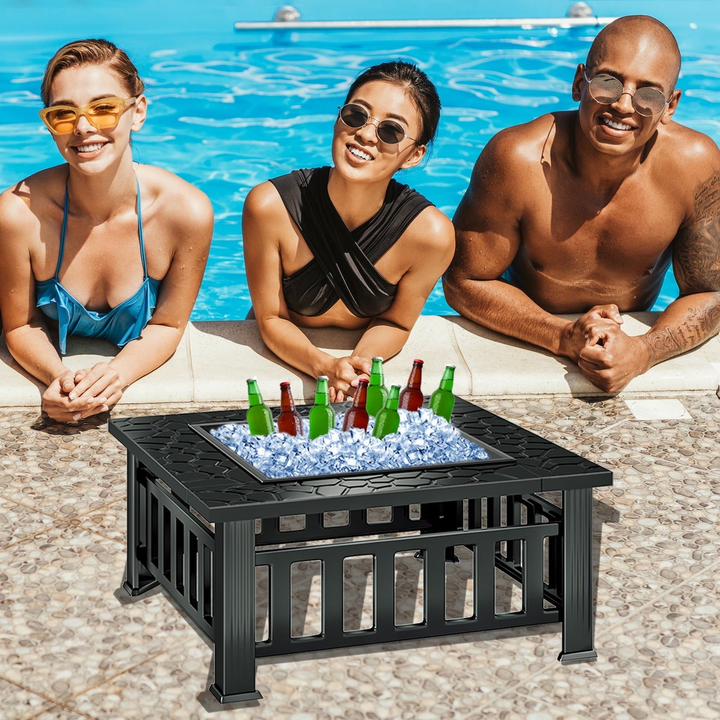 KingChii 32" Fire Pit Table Wood Burning Square Metal Firepit for Outdoor, Patio Backyard BBQ with Mesh Lid, Poker and Cover, Black - Home OXO