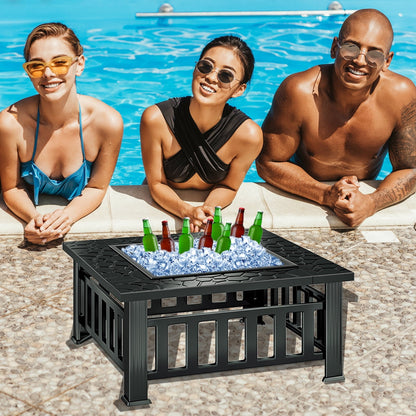 KingChii 32" Fire Pit Table Wood Burning Square Metal Firepit for Outdoor, Patio Backyard BBQ with Mesh Lid, Poker and Cover, Black - Home OXO