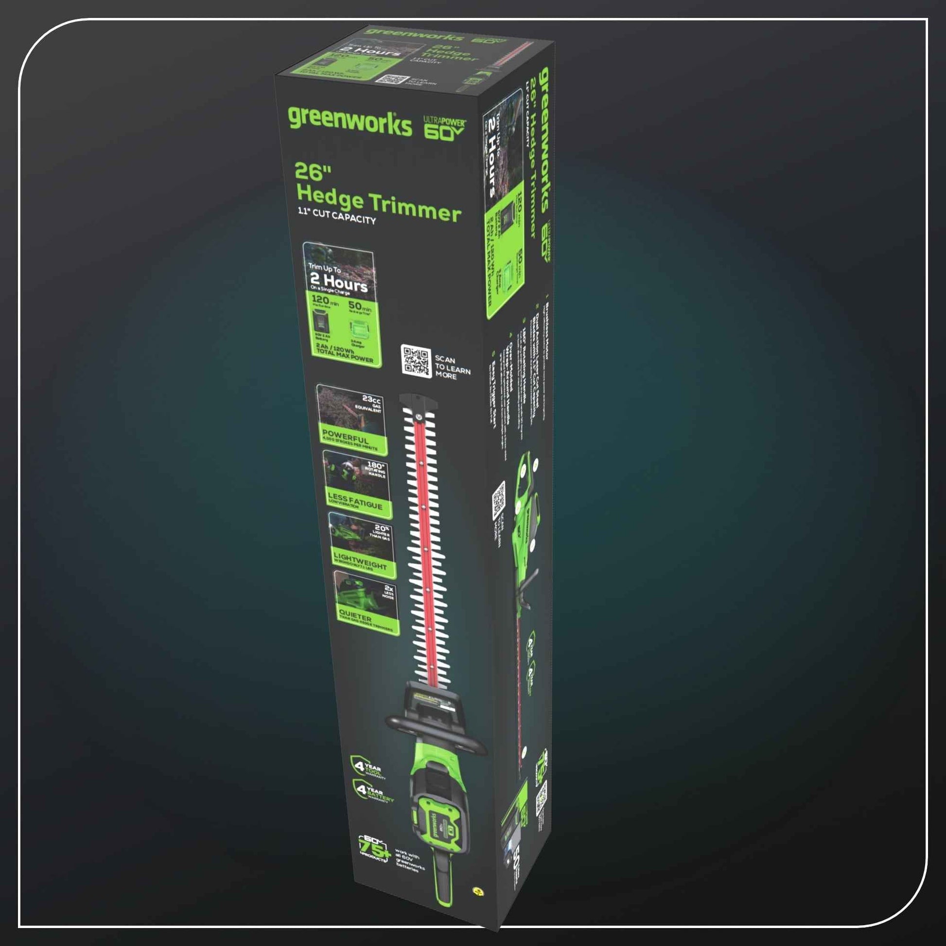 Greenworks 60V 26" Hedge Trimmer with 2.0 Ah Battery & 3 Amp Charger 2216602