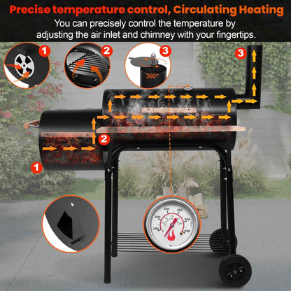 Seizeen Charcoal Grill w/Smoker, Outdoor BBQ Grill with Side Table, Portable Offset Smoker W/2-Zone Area