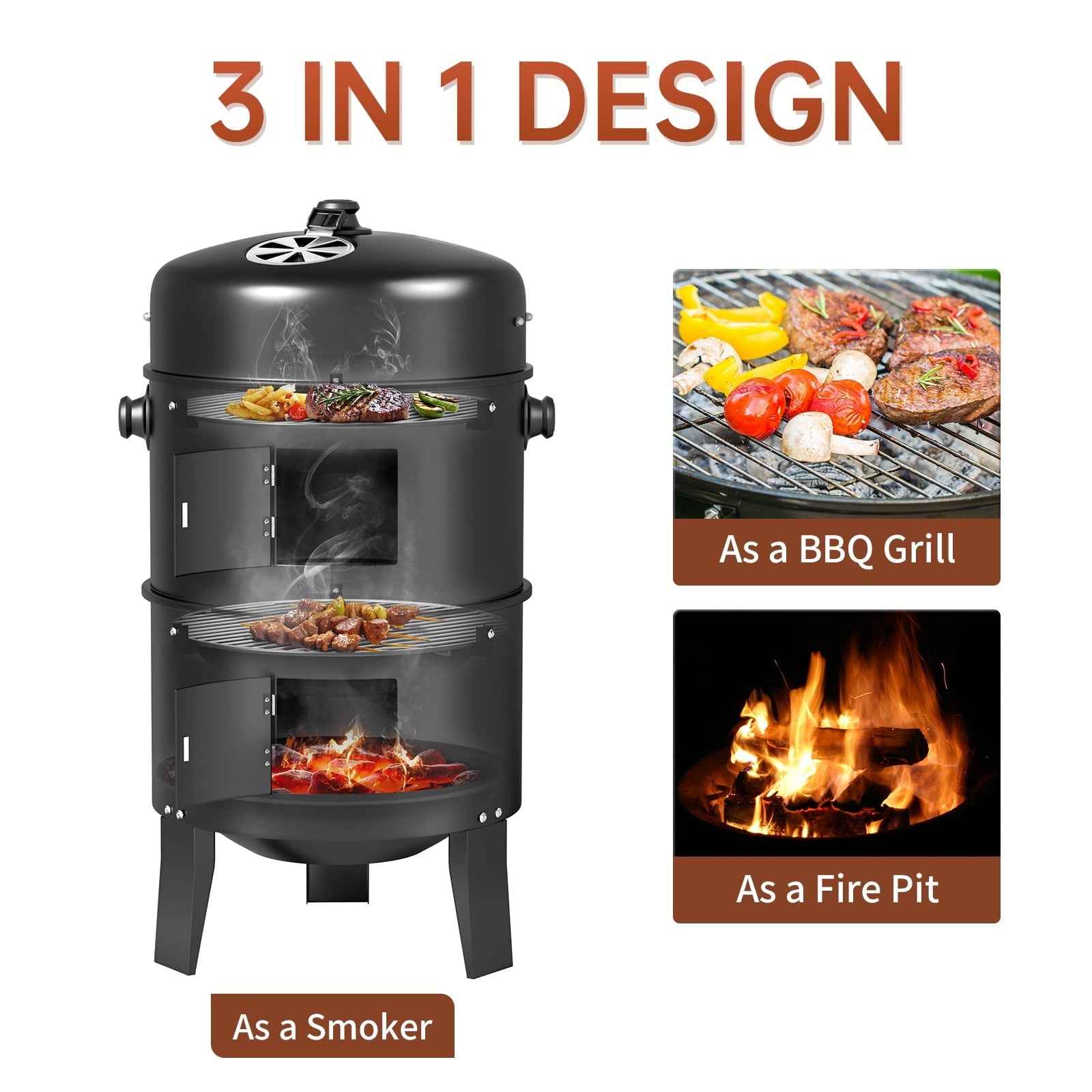 KingChii 3 in 1 Vertical Charcoal Smoker Grill BBQ Smoker for Outdoor, Patio Backyard Camping, Black