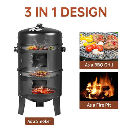 KingChii 3 in 1 Vertical Charcoal Smoker Grill BBQ Smoker for Outdoor, Patio Backyard Camping, Black