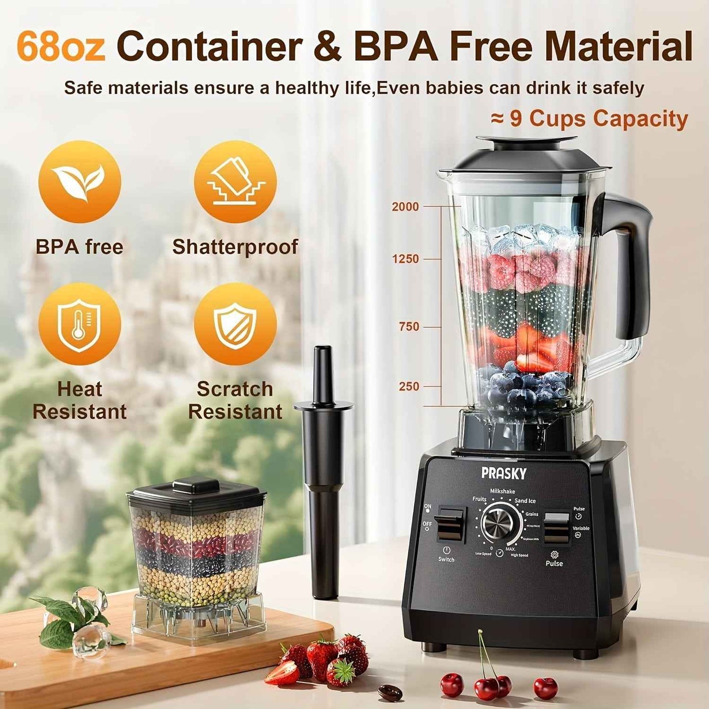 Food Processor Professional Blender, Smoothies Blender, Max.2400W Sorbet Blender And Grinder Combo 25000RPM Powerful Blenders Kitchen 68oz 2 Containers Countertop Blenders Ice, Grinding