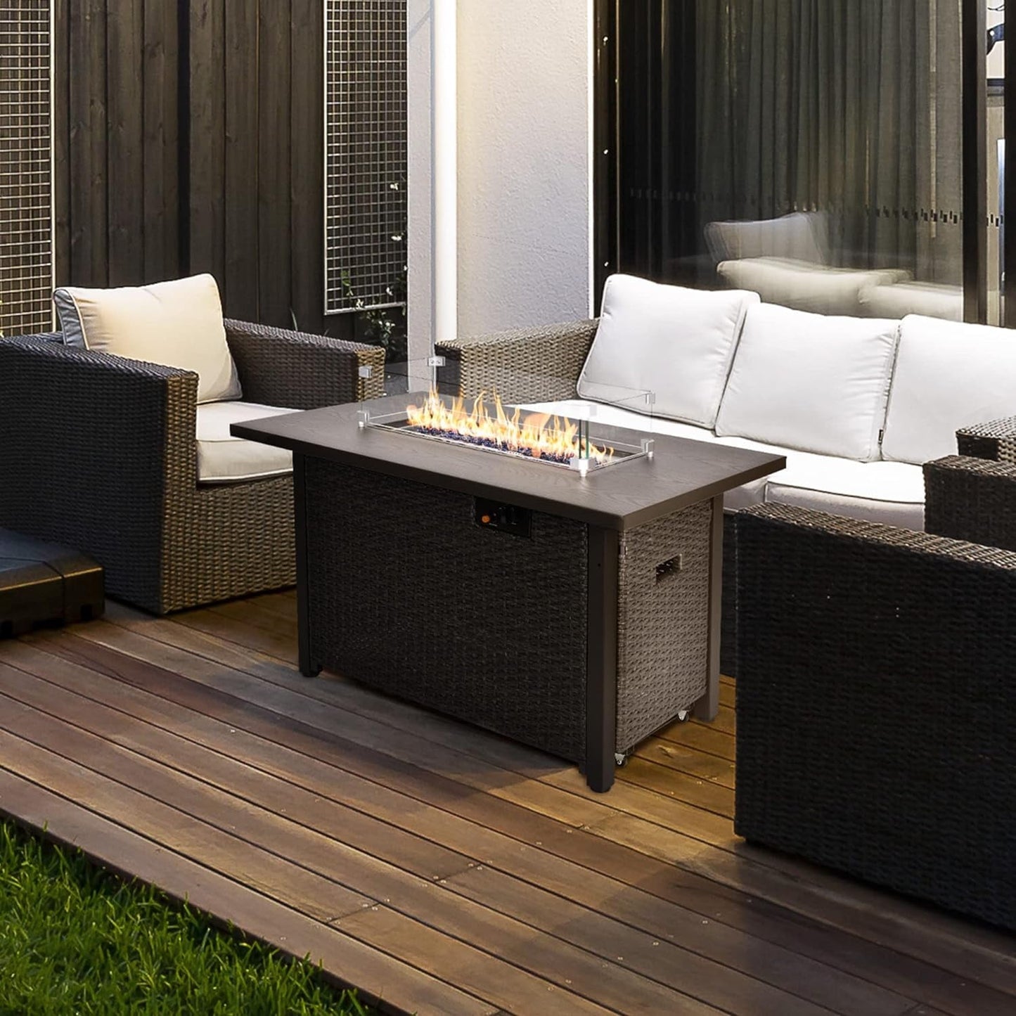 Phonjoroo Fire Pit Table 42 in Outdoor Propane Gas Fire Pit for Outside 50,000 BTU Auto-Ignition Gas Firepit Outdoor Rattan Table with Glass Wind Guard and Cover - Home OXO