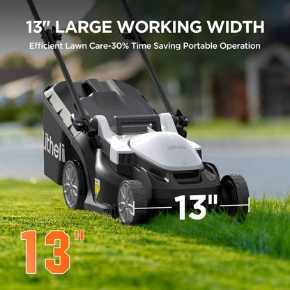 Litheli Cordless Lawn Mower, 13" 20V Electric Lawn Mowers, Brushless Motor, 5 Heights Adjustment, with 4.0Ah Portable Battery