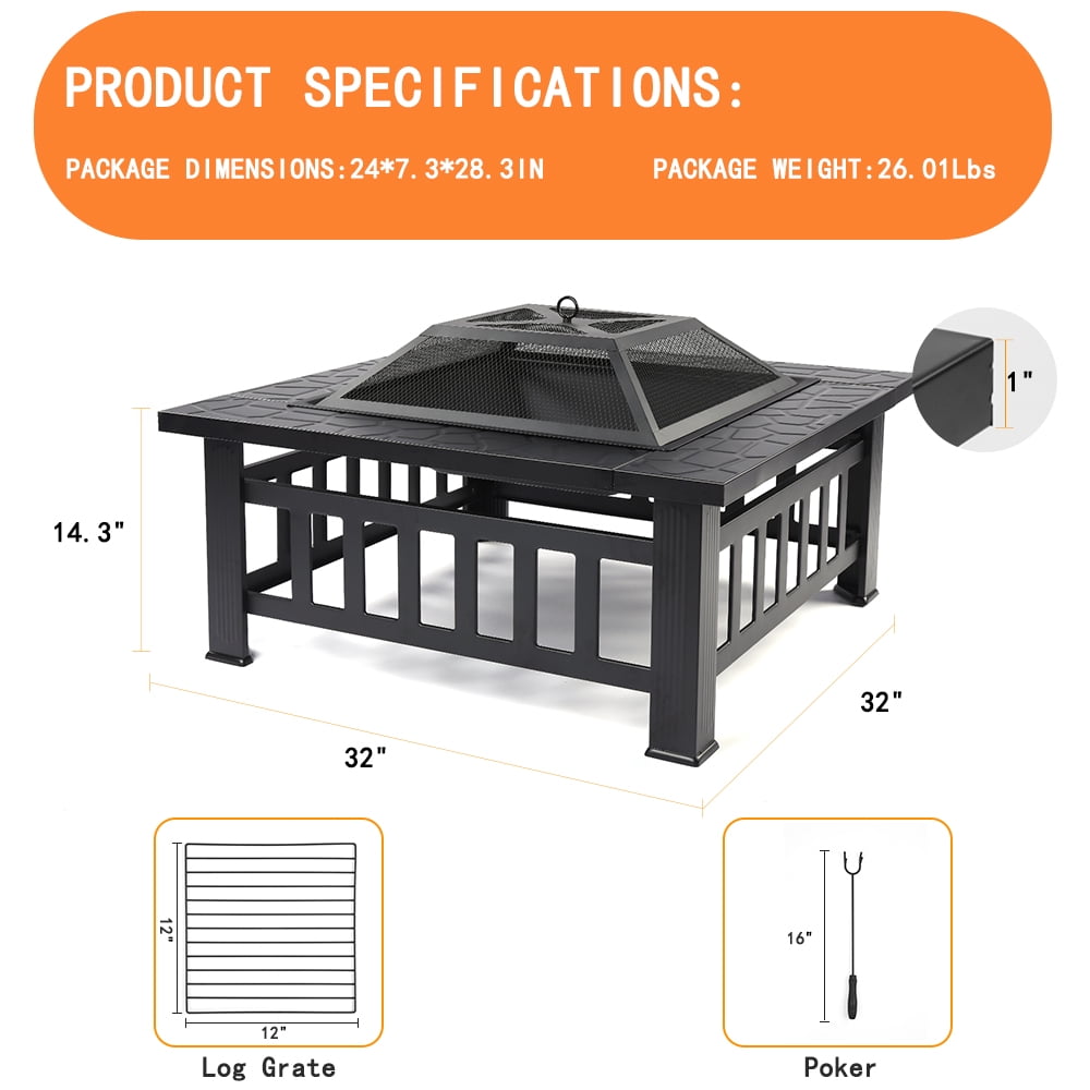 SEGMART Outdoor Fire Pit, 32" Square Metal Fire Pit Table with Spark Screen & Log Poker, Stove Wood Burning Fire Pit Bowl, Ideal for Yard Patio Beach Picnic Bonfire - Home OXO