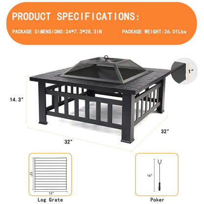 SEGMART Outdoor Fire Pit, 32" Square Metal Fire Pit Table with Spark Screen & Log Poker, Stove Wood Burning Fire Pit Bowl, Ideal for Yard Patio Beach Picnic Bonfire - Home OXO