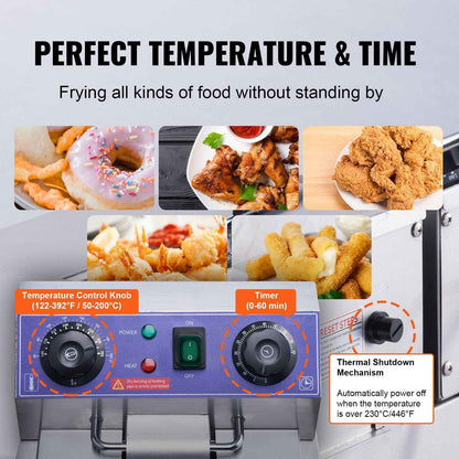 KFFKFF Industrial Dual Chamber Fryer, 3000W Electric Tabletop Cooking Unit with Basket, 2 x 11.6Qt/11L Twin Stainless Steel Oil Fryer with Oil Purification, Adjustable Time & Temperature