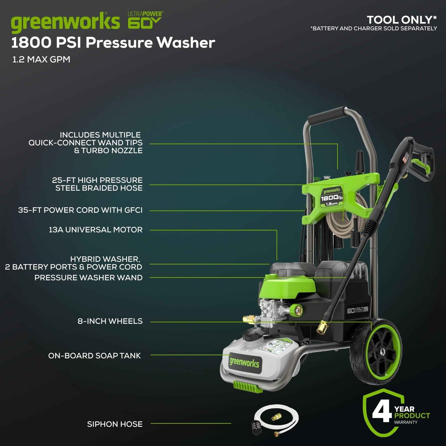 Greenworks Hybrid 60V 1800 PSI at 1.2 GPM Electric Cold Water Pressure Washer 5109402T